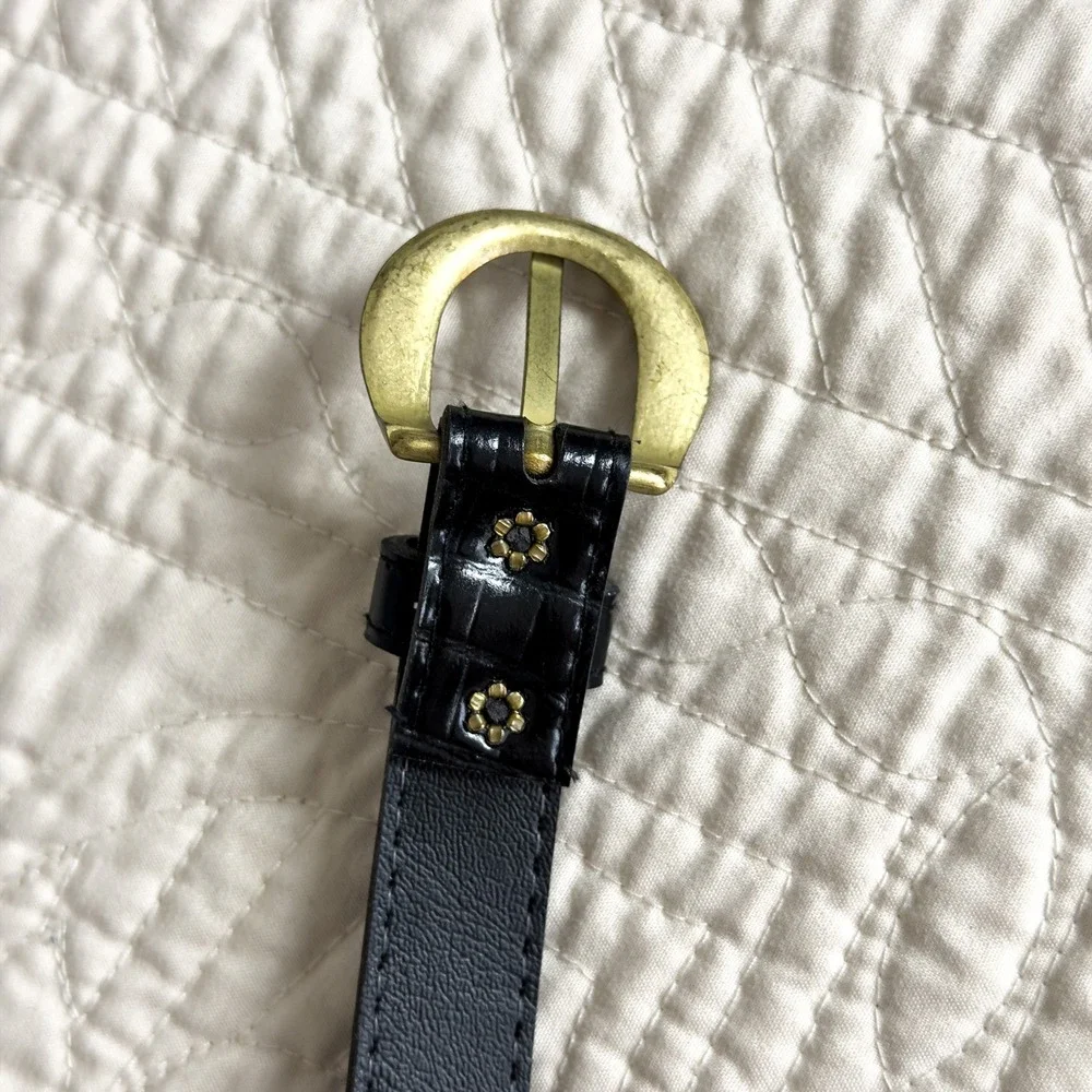 90s Black Croc Embossed Skinny Belt Brass Buckle Glossy Equestrian Minimalist OS